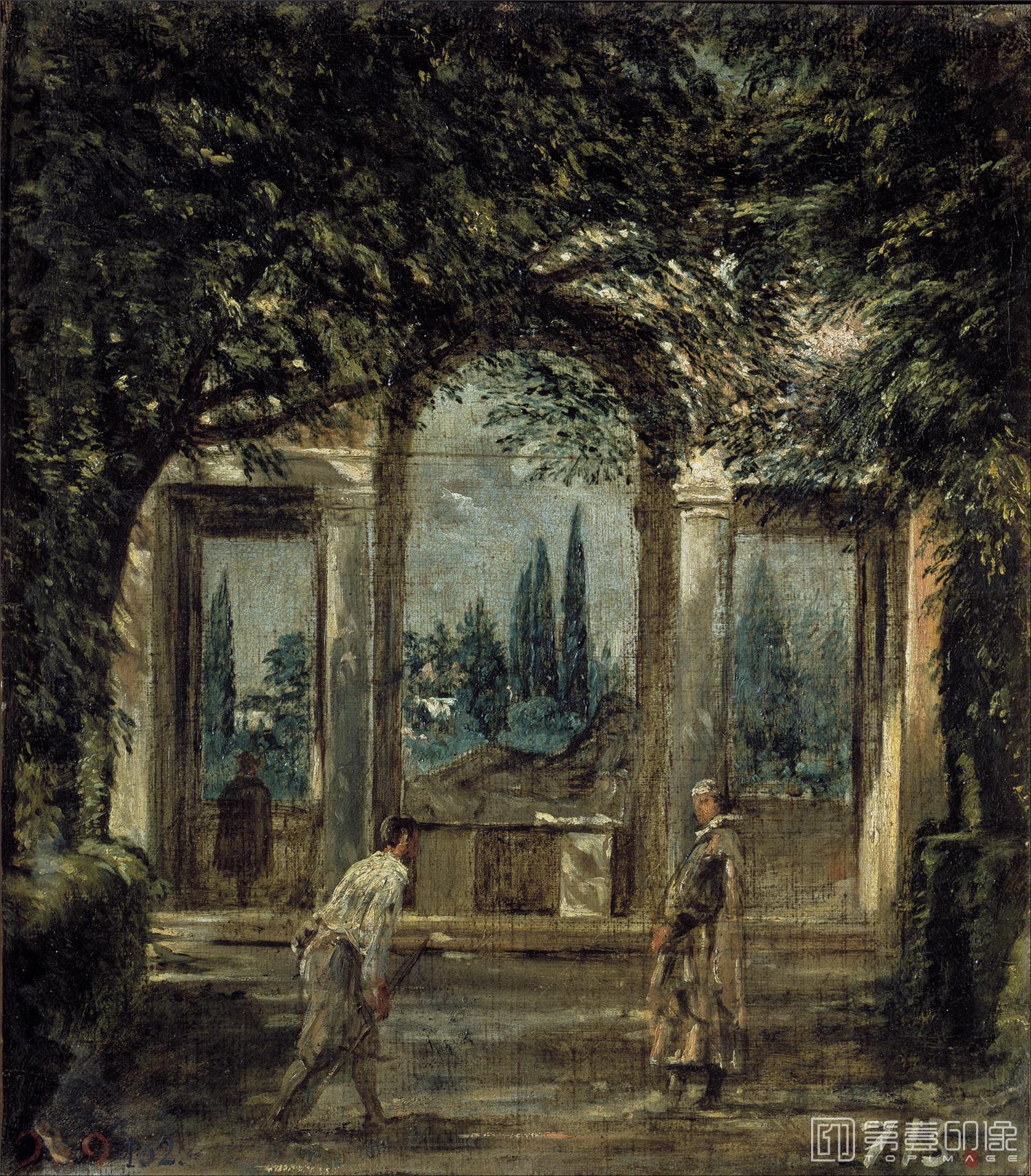油画-西班牙普拉多美术馆油画藏画-Velázquez, Diego Rodríguez de Silva y-Vista del jardín de la Villa Medici de Roma-2905